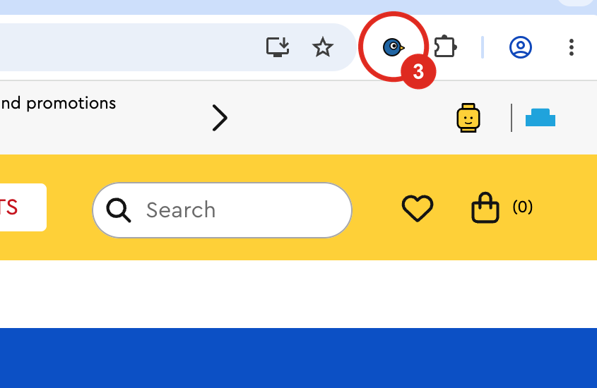 The Chrome toolbar after pinning. Callout 3 rings BrickHop's icon, now sitting beside the address bar.