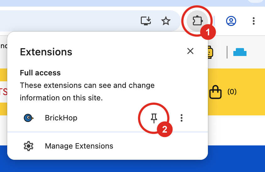 The Chrome Extensions menu open. Callout 1 rings the puzzle-piece Extensions icon in the toolbar. Callout 2 rings the pin next to BrickHop in the list.