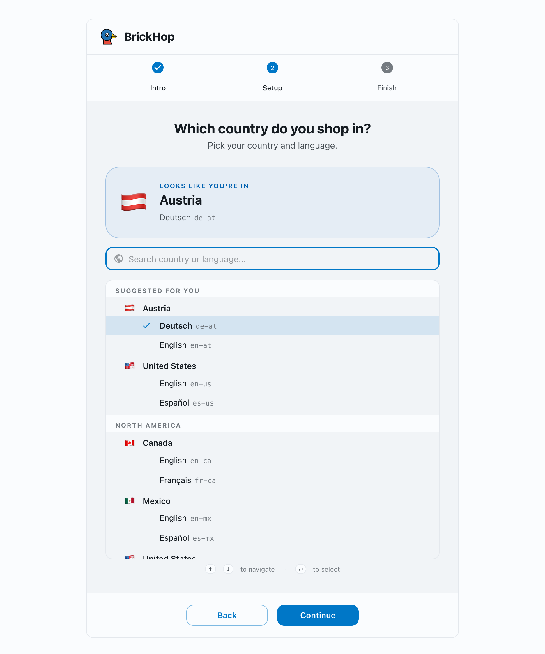 The BrickHop welcome popup, Setup step, with the country and language picker open: a 'Looks like you're in Austria' card showing the code de-at, a search field, and a grouped country list where each language carries its code (de-at, en-at, en-us, and so on) with Deutsch (de-at) selected. Back and Continue buttons sit at the bottom.